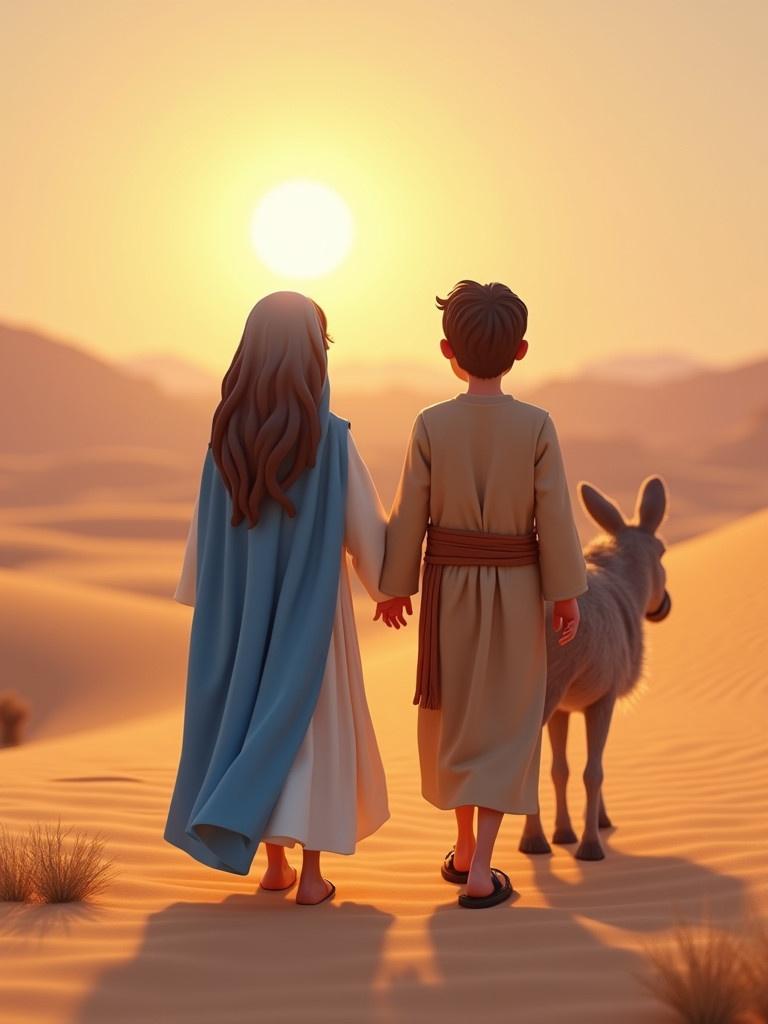 3D illustration of Mary and Joseph walking in the desert. Mary has long dark brown hair with blue veil. Joseph has short dark hair in a brown tunic. A donkey carries baby Jesus. Setting sun and vast desert landscape. Soft warm lighting creating a hopeful mood.