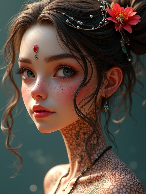 3D animated character with intricate details and vibrant colors. Close-up of a beautiful woman showcasing unique artistic styles and elements.