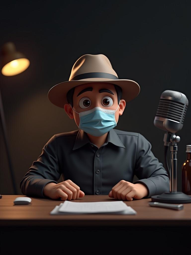 Male speaker sits behind a desk. He wears a hat and has a mask. The room is dimly lit. A professional microphone stands nearby. On the desk, there is a bottle and papers. The speaker looks directly into the camera.