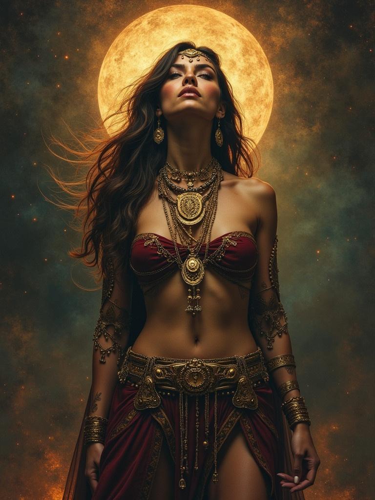 Woman with ancestral roots and mythical powers wearing elegant jewelry. She embodies the essence of realistic magic. The backdrop features a large, glowing moon enhancing the mystical atmosphere.