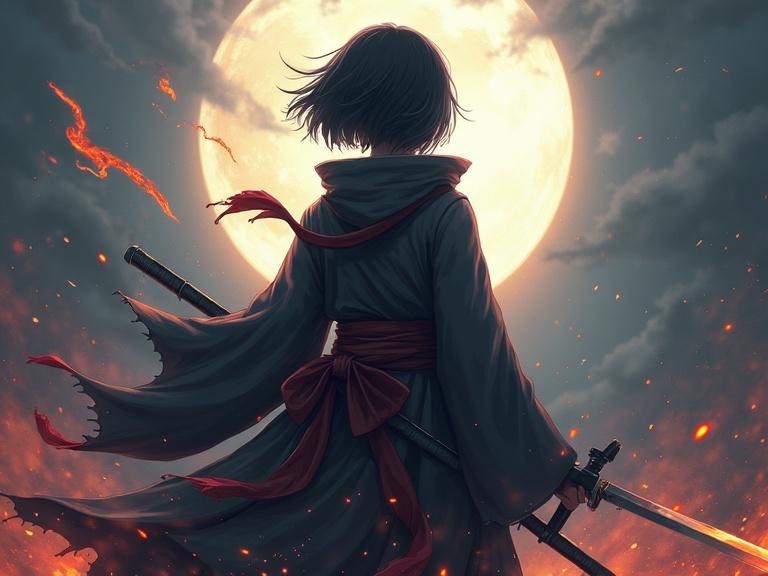 A stunning depiction of a female ninja character set against a dramatic moonlit background. The character has short black hair, wears a dark robe with a red sash, and holds a sword, embodying an action-ready pose. The scene is infused with an epic, fantasy-inspired atmosphere featuring swirling fire and an energetic setting.