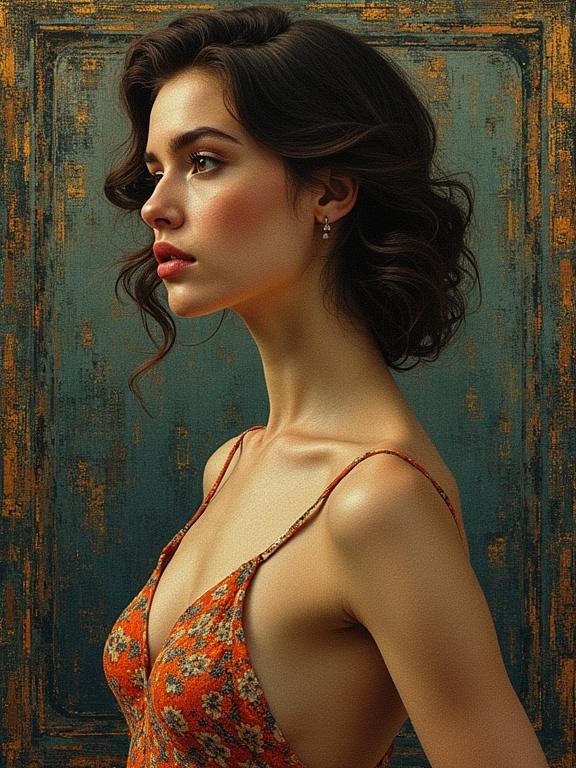 Model in a side profile against a textured background. The model has soft features and is wearing a floral dress. The lighting is soft, creating highlights and shadows on her form. The background is textured with an earthy color palette. The composition emphasizes harmony and naturalism in presentation.