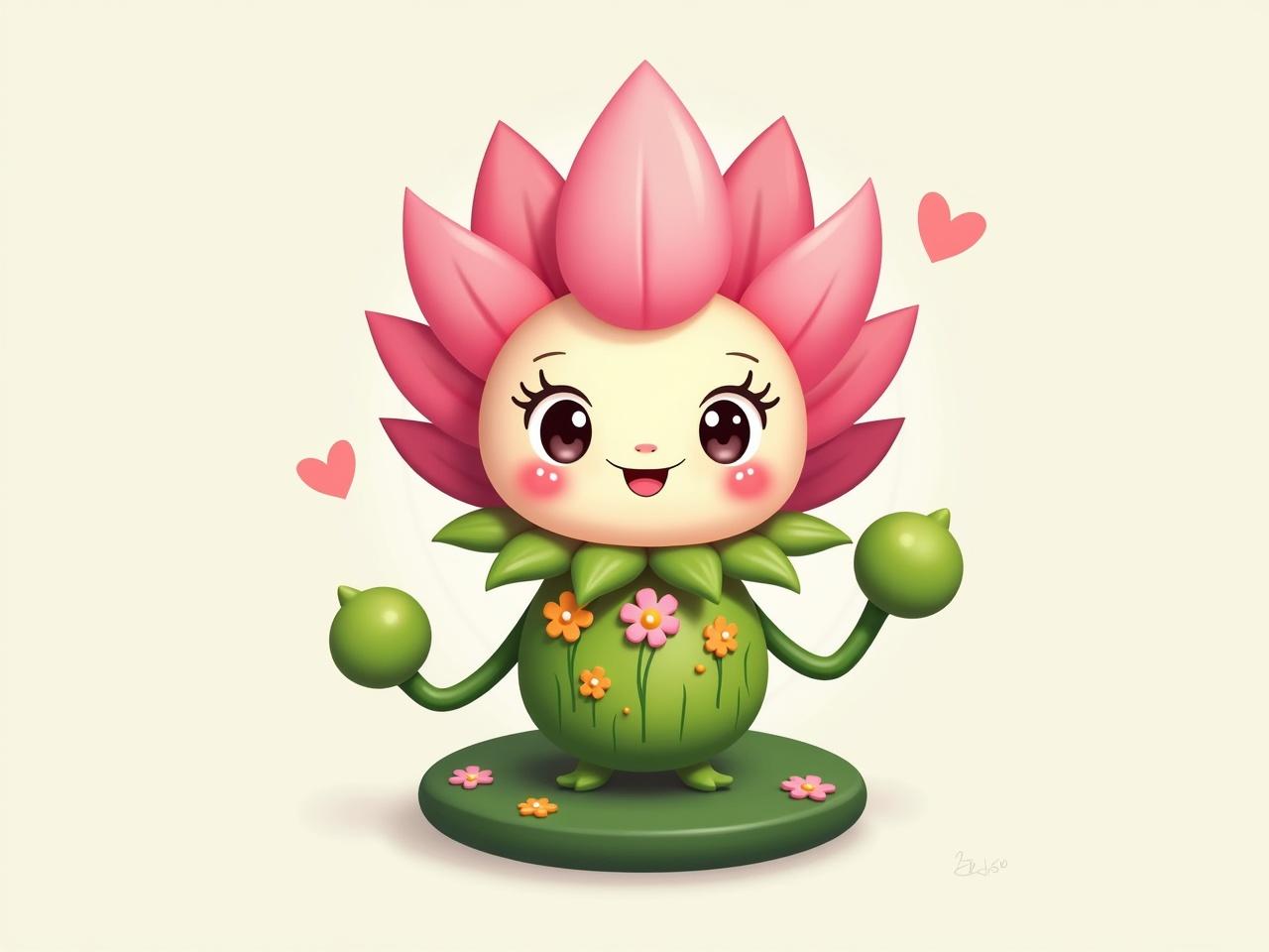 The image features a cheerful character inspired by nature. It has a large pink lotus flower as its head, complementing its bright, rounded facial features. The character's body is decorated with green leaves and floral elements, adding to its plant-like appearance. It has big, expressive eyes and rosy cheeks, enhancing its playful look. The character stands on a round base, resembling a cute, whimsical figure. The overall design is colorful and appealing.