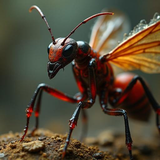Elegant ant queen with a beautiful female human face. Soft intelligent eyes display calm and noble expression. Slender body features polished black and crimson exoskeleton. Six limbs include human-like arms and elegant insectoid legs. Long segmented abdomen resembles a queen ant with detail and translucency. Thin antennae are gently curved. Transparent wings shimmer softly. Regal posture conveys ethereal presence amid glowing crystal roots and sacred palace. High detail captures fantasy realism and macro texture with ambient light.