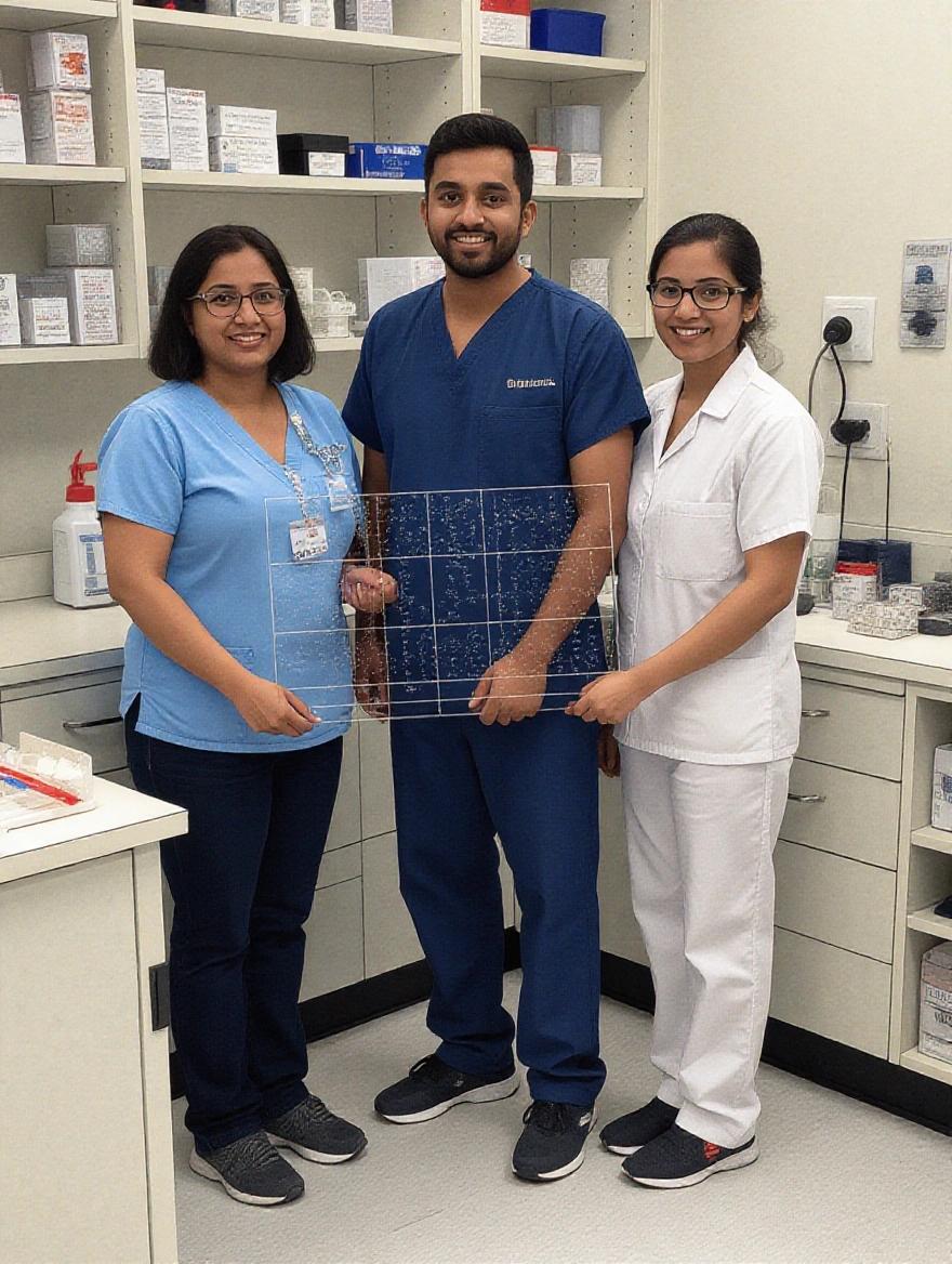 Three laboratory professionals in a lab. They stand together, holding a specimen slide. The laboratory has white shelves and medical supplies visible.