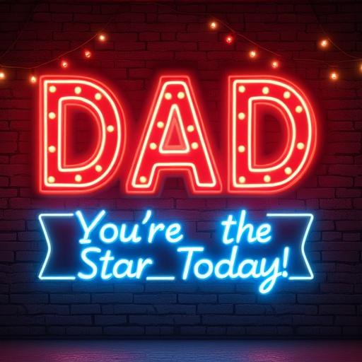 Father's Day card inspired by 1950s diner neon sign. Oversized red and blue retro neon letters spell out 'DAD'. Faux brick wall background. Warm lighting effect. Bottom banner with vintage script text 'You're the Star Today!'. High-detail retro American diner vibes.