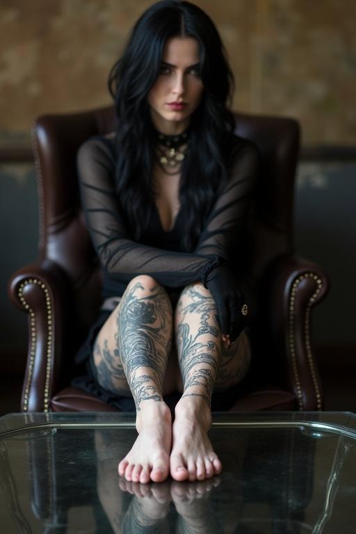 A goth woman with long black hair sits relaxed in a chair. She has a stylish outfit. Her tattoos are visible on her legs and feet. A glass table supports her bare feet.