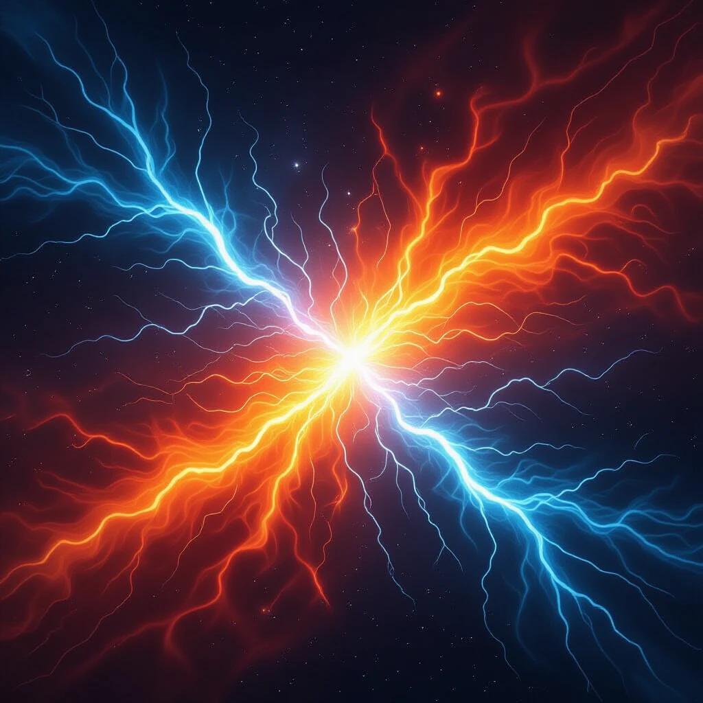 Image depicts chaotic soundwave patterns in fiery colors. Jagged energy bolts clash in a cosmic background. Surreal representation of a power struggle. Conceptual visualization of energy dynamics.