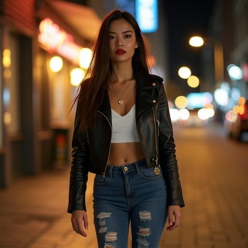 Photograph of a young woman walking confidently down a dimly-lit urban street. She has long dark brown hair and red lipstick. Wearing a black leather jacket and white top. She has high-waisted blue jeans and platform shoes. Background includes parked cars and buildings with warm lighting.