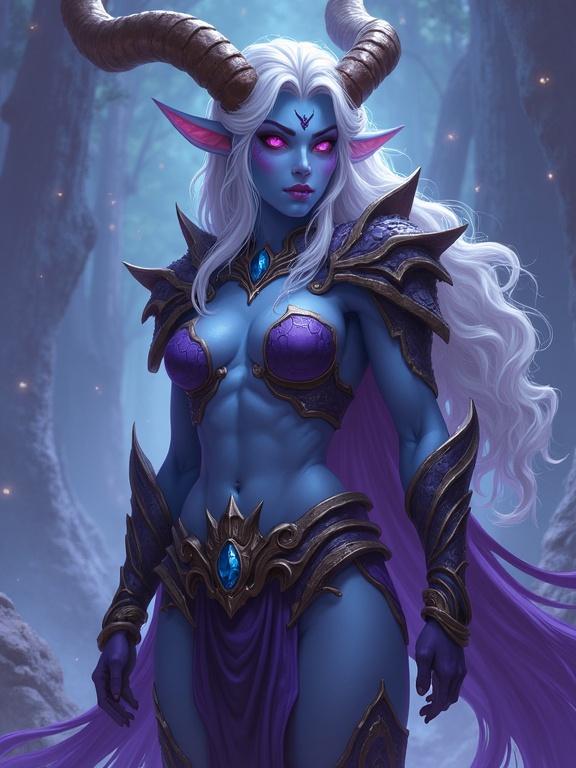 Female draenei character in a fantasy setting. Character features elegant blue skin and long white hair. She wears intricate armor adorned with gemstones. A purple cape flows behind her. The backdrop consists of a mystical forest with ethereal lighting.