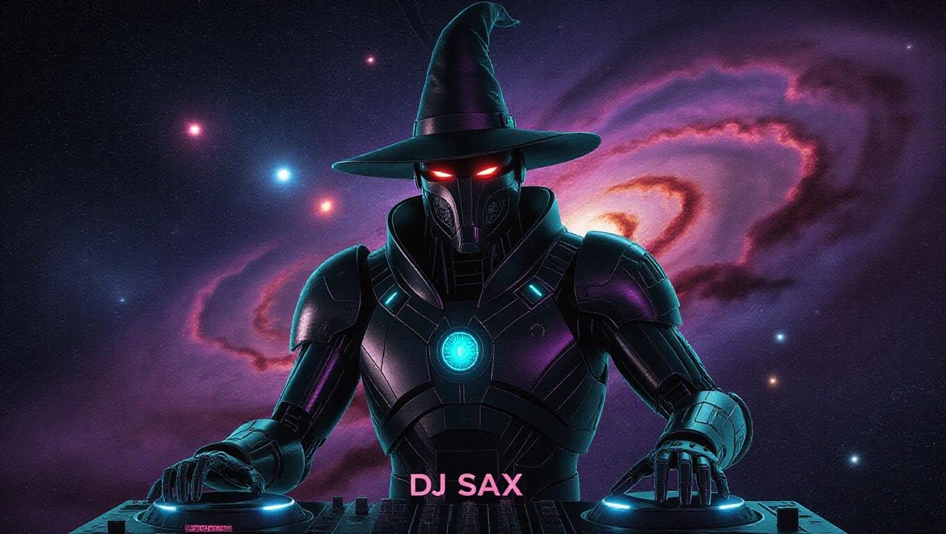 Close up of a dark cyborg wizard DJ under a nebula sky. DJ SAX is written in small text. The cyborg is using DJ equipment with glowing elements.