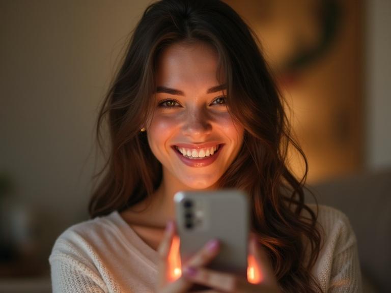 Photorealistic portrait of a young woman with a smartphone. She gazes into the camera with a joyful expression. Her eyes show emotion with a tear of happiness. She smiles warmly, her face glowing with surprise and joy. The phone screen shows a glimpse of a personalized video. The scene features warm indoor lighting and a soft background blur.