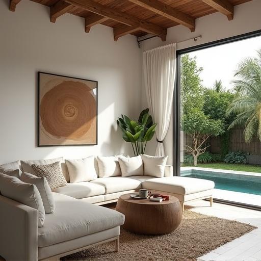Interior design of a living room featuring Moroccan and Balinese styles. A modern organic white sofa is placed inside. Outside, there's a pool with a tropical garden view.