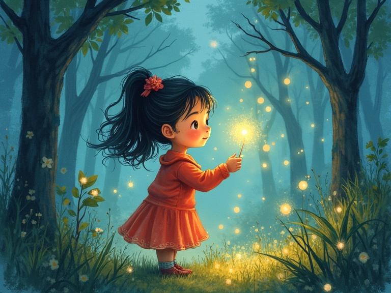 Stylisitc vibrant watercolor sketch depicting a beautiful Asian girl in a forest playing with fireflies.