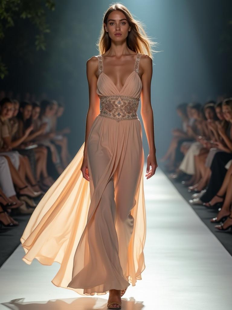 A stunning model walks confidently on a runway. Bright natural lighting illuminates the scene. Focus is a full-body view capturing elegance. The model wears a high-fashion outfit with intricate details and flowing fabric.