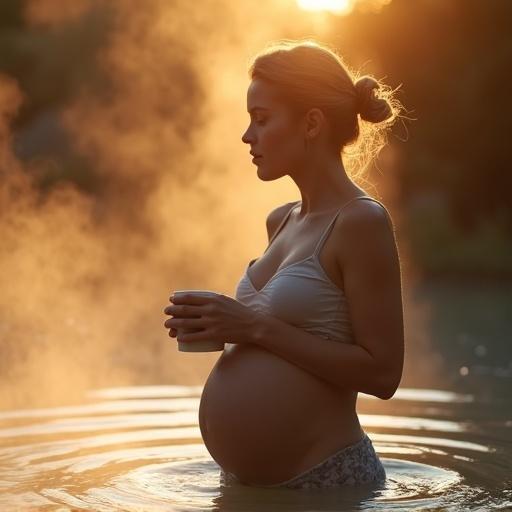Young pregnant woman stands in steaming water. She holds a warm coffee cup. Morning sun casts shadow on her face. Background is blurred with bokeh. Soft skin glows in warm hues. Scene illustrates tranquility and beauty.