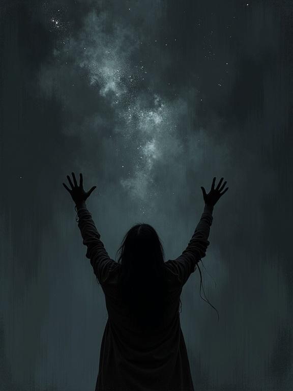 A digital oil painting features a woman's dark silhouette reaching outward to the pitch-black sky. The perspective is extremely distorted and low angle. The sky above shows a hint of the galaxy.