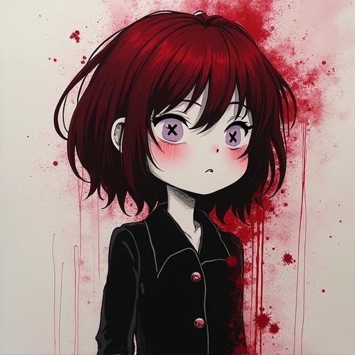Drawing features a goth girl with dark red hair. Character has crossed x's for eyes. Composition includes aubergine colors and a romantic mental breakdown theme. Background resembles scratched projector paper. Lighting is moody with unique angles.