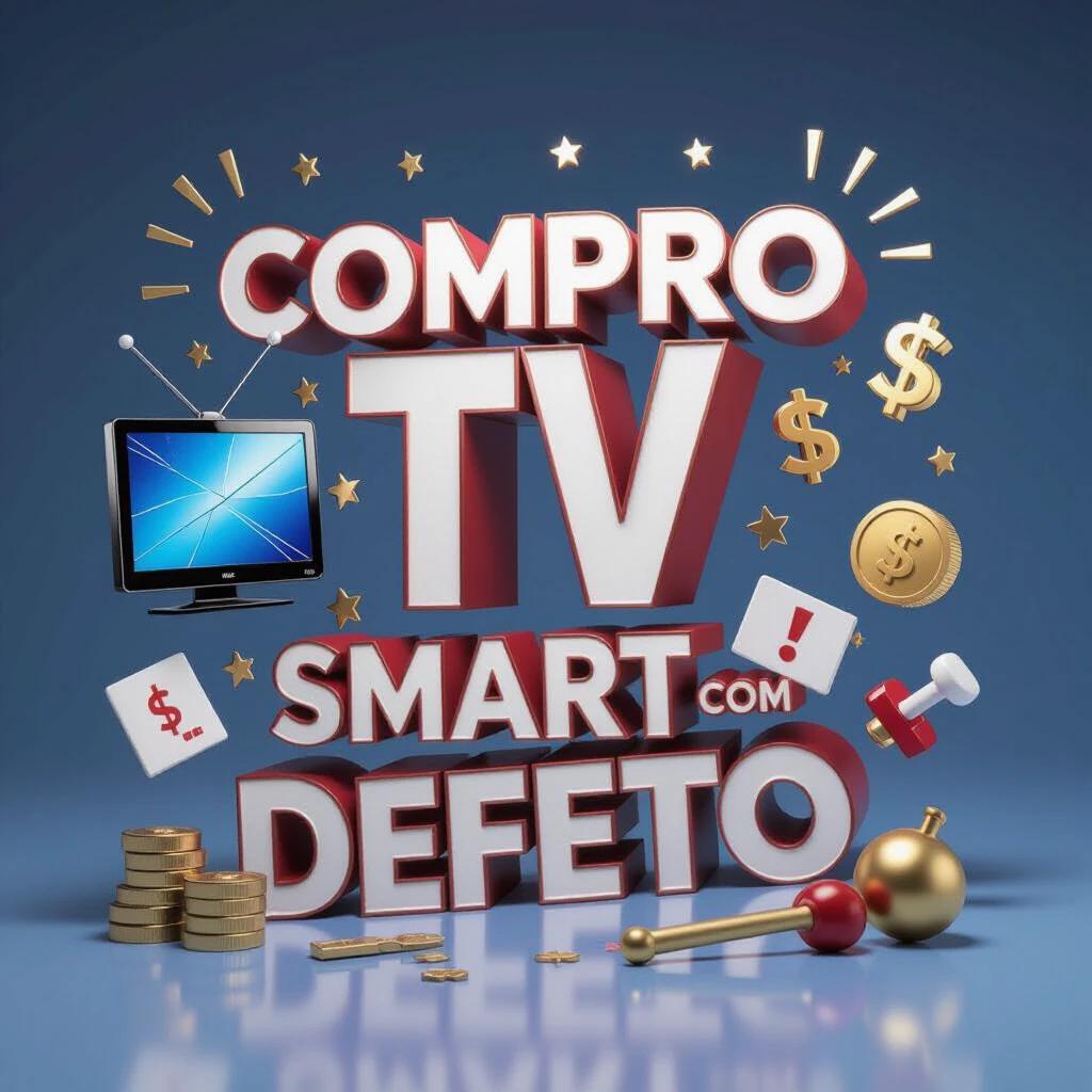 3D volumetric metallic text with the phrase 'COMPRO TV SMART COM DEFEITO.' Surrounding floating 3D icons include a modern smart TV with a cracked screen golden money symbols repair tool icons such as screwdriver and hammer red warning symbols. Background has gradient from dark blue to purple with glowing particles and neon light effects. Dynamic composition with isometric perspective cinematic lighting and metallic reflections on 3D objects. Modern professional style for commercial advertising high quality realistic 3D rendering.