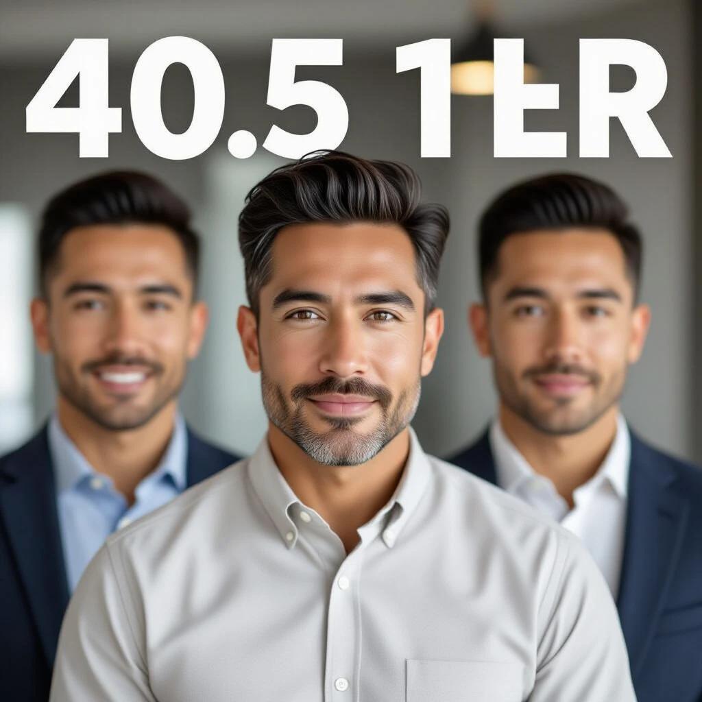 Realistic image of a 40-year-old man. He has medium-light skin and dark wavy hair. He has light stubble and dark brown eyes. His expression is calm and neutral. He wears a light button-up shirt and dark blazer. His posture is upright and relaxed, facing forward.