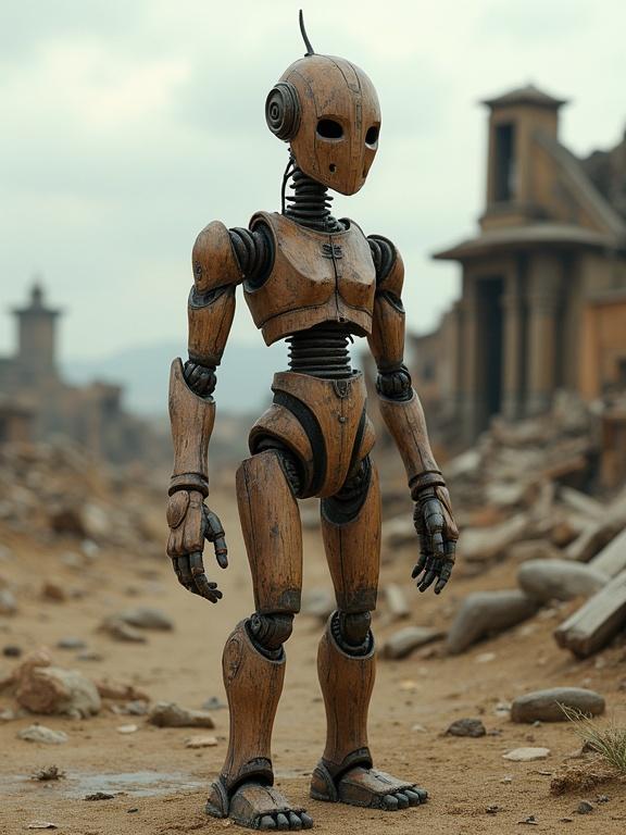 Weathered wooden humanoid in a desolate post-apocalyptic setting. Figure made of aged timber stands among ruins of a forgotten festival. Rendered as 3D art.