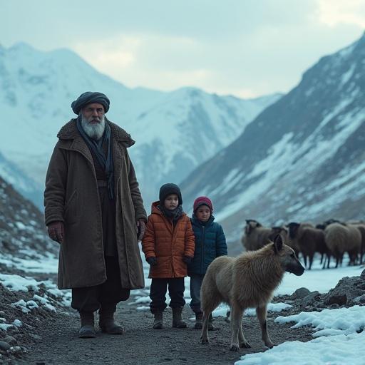 Cinematic long shot shows a Kurdish shepherd with children. Old man wears wool coat and turban. Children dressed in colorful clothes. Kangal dog with sheep flock. Winter mountain landscape with snow on rocky ground. Soft diffused lighting creates cinematic atmosphere. Camera pulls back reveals vast mountain range.