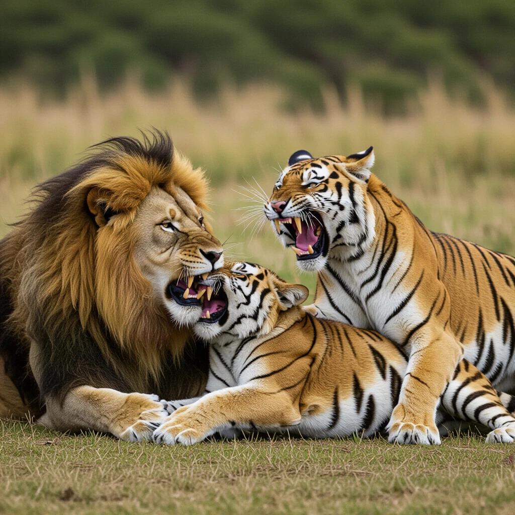 Lion and tiger interaction features a dramatic scene with fierce expressions and dynamic poses under natural lighting.