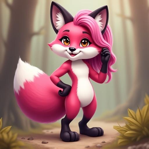 Full-body shot of a confident anthropomorphic fox. Vibrant pink fur and white markings are on the chest and tail. Stylish pink hair and amber eyes are present. Gestures of one hand on hip and the other touching hair. Conveying playful and sassy attitude. Softly blurred background represents a forest. Muted tones are in brown and beige. Soft lighting highlights character's features. Digital painting style is prominent.