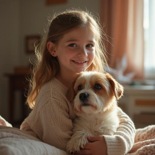 Portrait of a girl with a small dog. The girl smiles gently while sitting with the dog in a cozy indoor setting. Warm colors surround them.