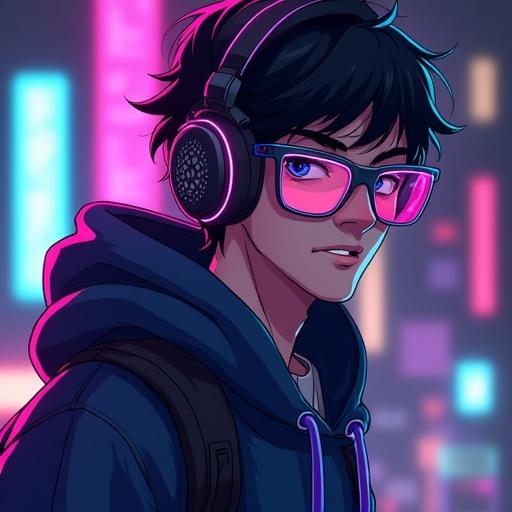 Digital artwork of a male character wearing headphones showcases futuristic style. Neon colors highlight the character's hair and clothing. The character has a sarcastic expression and sports big futuristic glasses. He wears a dark hoodie with neon accents and has short messy hair. The background appears blurry with atmospheric vibes and digital glitch effects. The character holds a floating laptop behind him. He is depicted with a confident and edgy vibe.