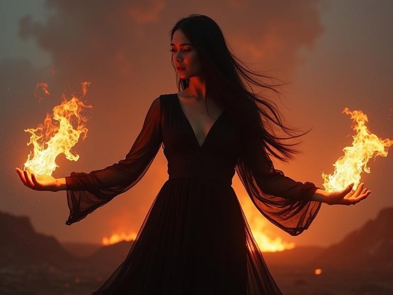 A woman stands in a volcanic landscape with flames in her hands. She has long black hair and wears a flowing black dress. The scene features glowing magma, smoke, and falling ash with dramatic dark clouds. Heat distortion adds intensity to the image.