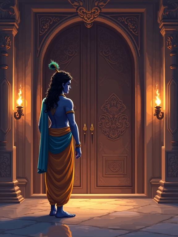 A high-detail 3D pixel art scene depicts Lord Krishna standing before a royal door in a palace corridor. He wears a yellow silk dhoti and a blue shawl, adorned with a peacock feather crown. One hand reaches toward the ornately carved door. The corridor is illuminated by golden torches, creating soft shadows. The atmosphere is silent and expectant, conveying a sense of emotional depth as Krishna prepares for a pivotal conversation. This scene emphasizes silence before truth and the waiting nature of destiny.