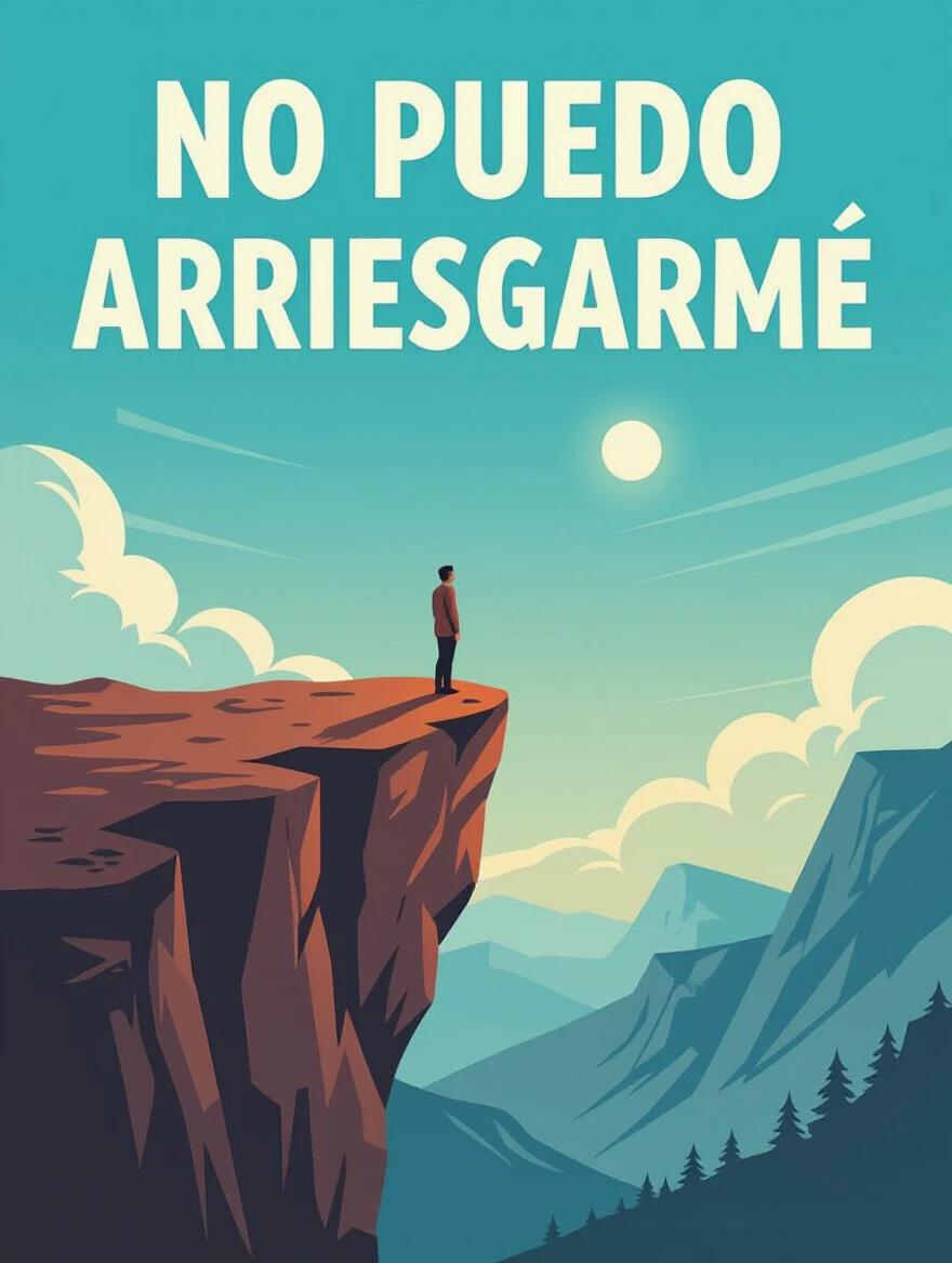 Person standing nervously on edge of cliff. Sky with clouds and sun. Representing feeling of no puedo arriesgarme.