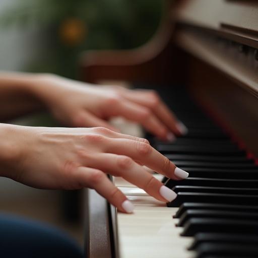 Close-up of hands playing piano. Hands with white nails on black and white keys. Soft lighting enhances details of hands and surroundings.