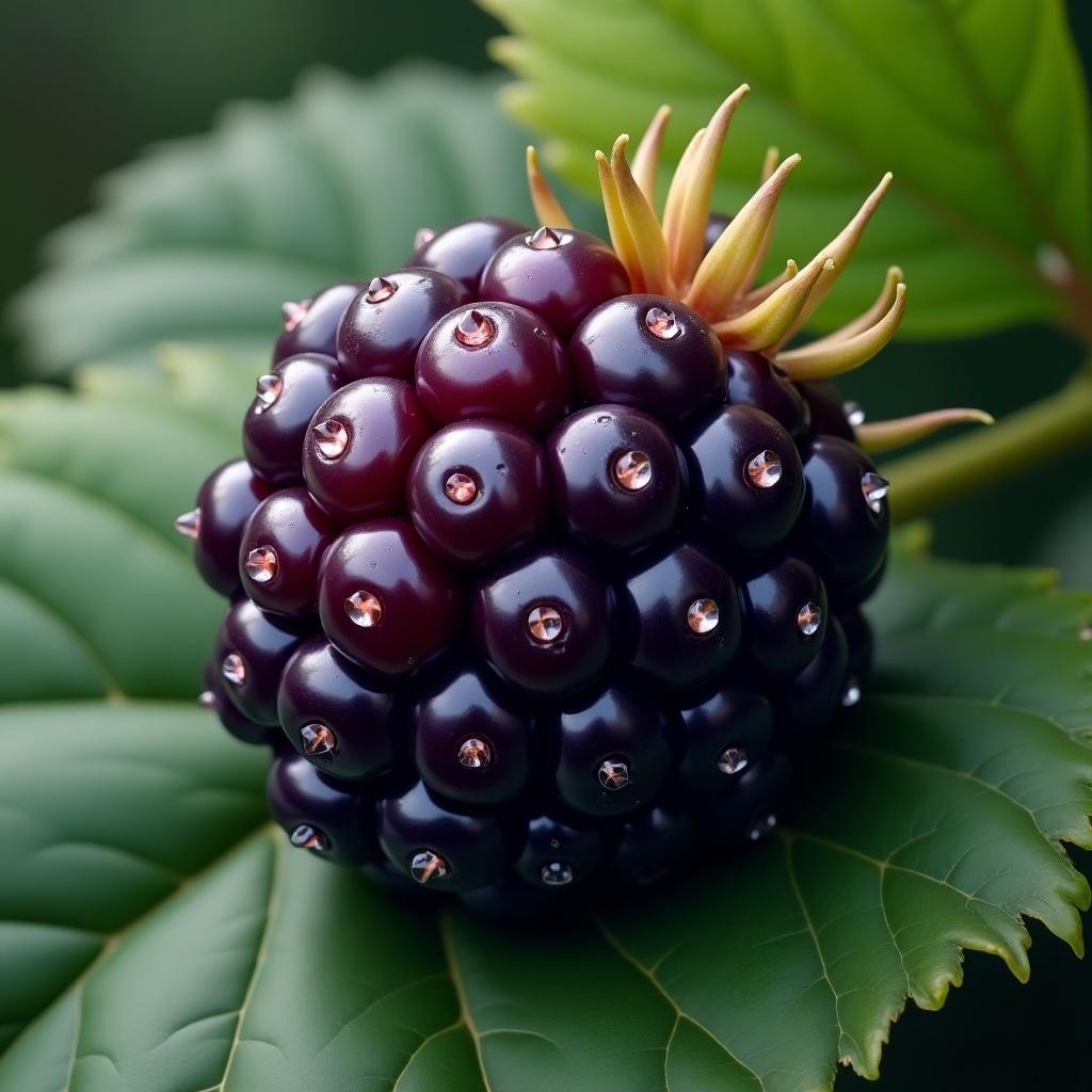 Digital illustration of a highly detailed blackberry. The blackberry is resting on green leaves. Vivid colors and textures. Focus on the intricate details of the fruit.