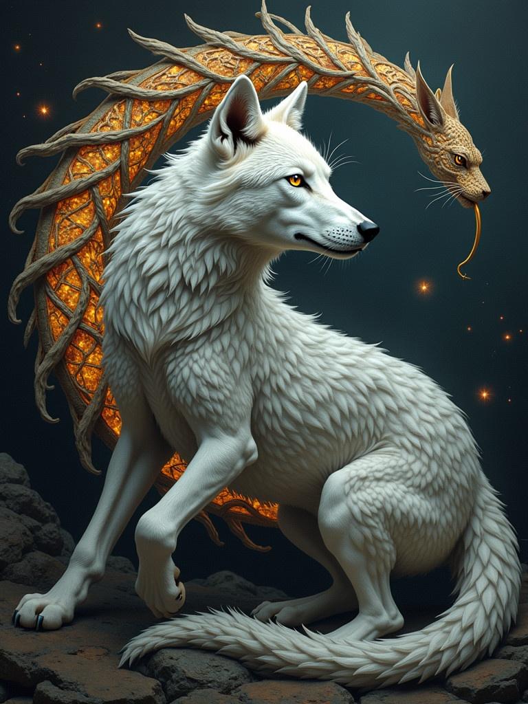 A majestic hybrid wolf with a semblance of a cougar. The wolf is elegant with soft fur and striking yellow eyes. Behind the wolf is a golden Celtic serpent shaped like a crescent moon. The background is dark to highlight the symbols and the fur. The artwork captures a blend of fantasy and mythology.