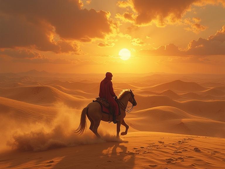 Silhouetted rider on a horse traversing sandy dunes at sunset. Warm colors dominate the sky. Soft sand moves with the horse's steps. Expansive desert landscape creates a serene atmosphere.