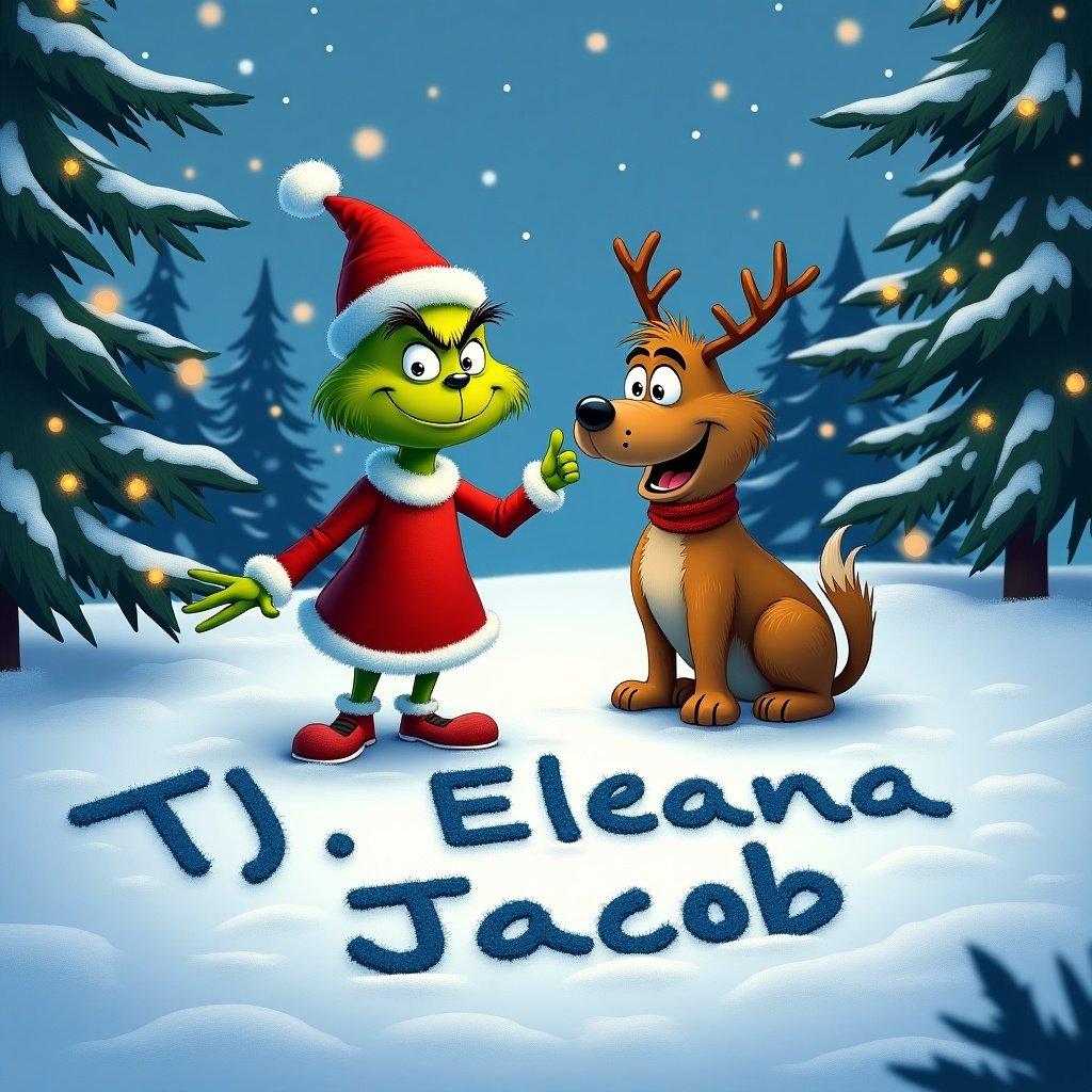 Charming snowy landscape featuring colorful Grinch character with dog Max. The names TJ, Eleana, Jacob are drawn in the snow.