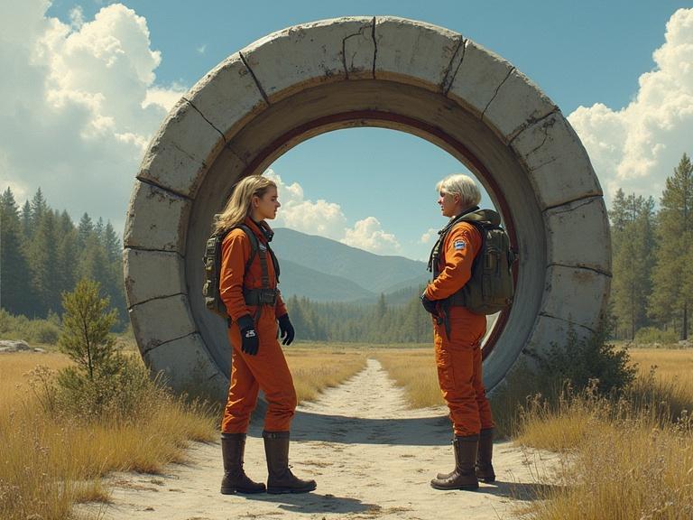 Two women stand in outdoor setting before a homemade Stargate. They wear flight suits suggesting adventure and intent. Grass and trees surround them. The scene contrasts ordinary surroundings with fantastical elements, evoking a sense of daring and ambition.