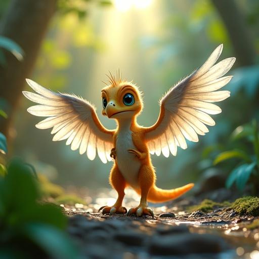 Pixar-quality 3D animated baby Microraptor with scientifically accurate quadruple wings. Adorable design with bird-like forewings and hindwings. Magical prehistoric jungle with giant ferns and glowing flowers. Style influenced by Pixar with soft golden hour lighting.