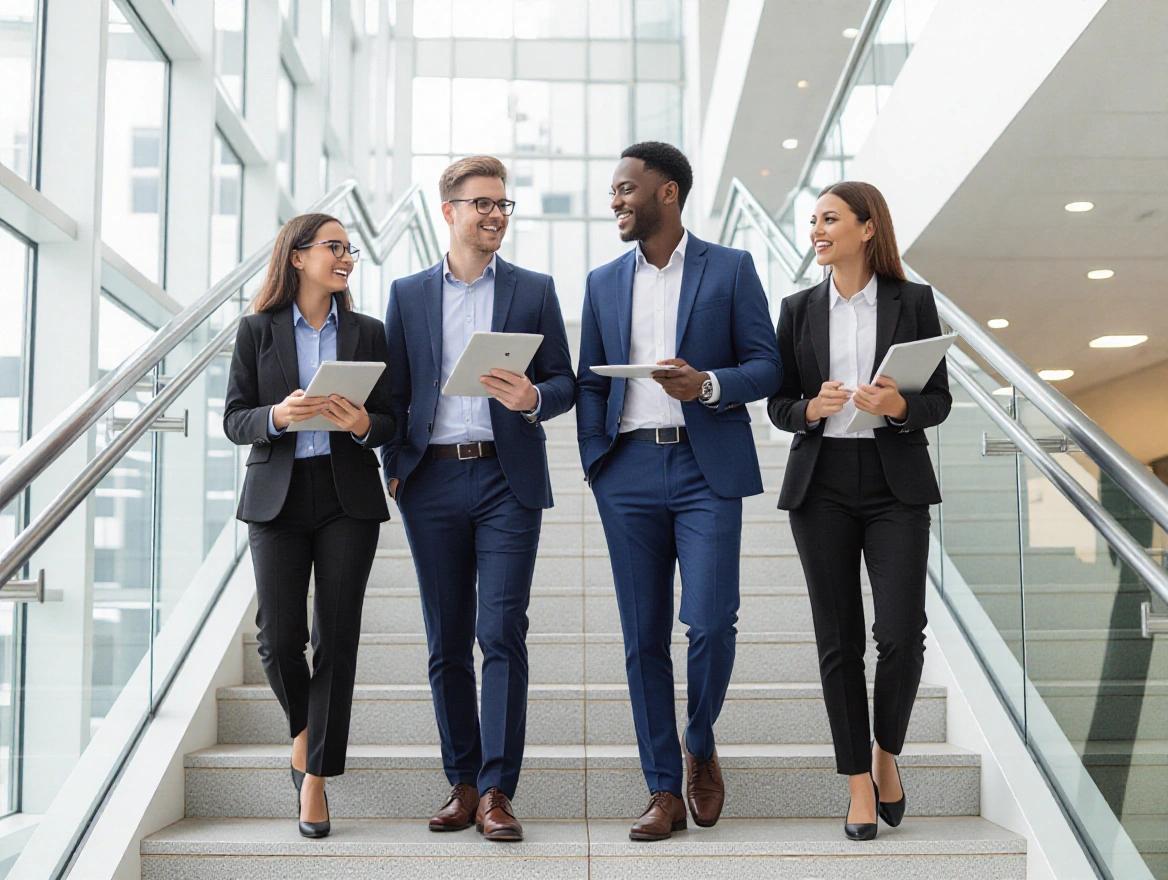 Four young adults in professional business attire walk up an office building staircase. They engage in conversation while holding tablets and folders. The setting features modern architecture and glass walls. The lighting is bright and even, promoting a professional atmosphere. The color palette includes muted grays, beiges, and light blues, creating a well-balanced composition.