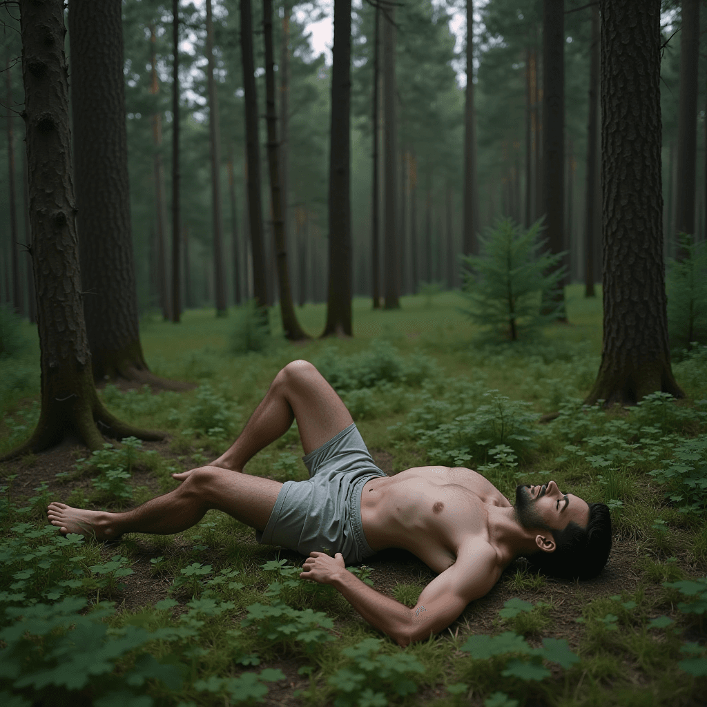 A person lies relaxed on their back amidst the lush greenery of a tranquil forest.