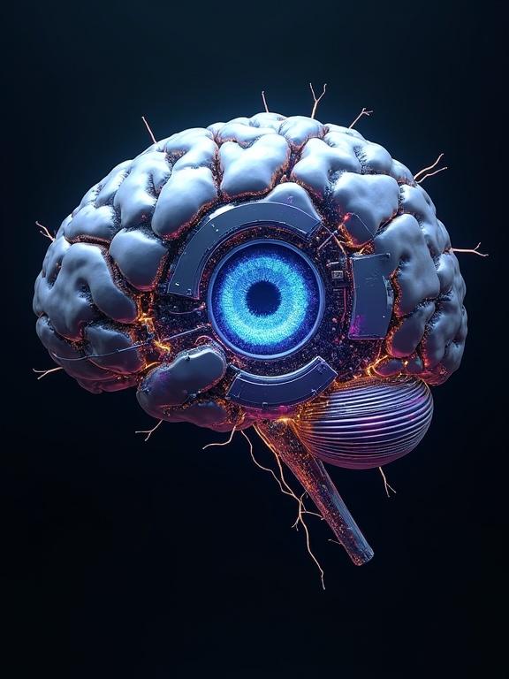 Highly detailed AI eye floating in a dark void. Fusion of metallic plates, glowing neural circuits, fiber-optic strands, and pulsing organic tissue. Parts of the brain are transparent with microchips and spinning data cores. Electric arcs and glowing neural pathways present. Asymmetrically beautiful structure — one half sleek and cybernetic, the other half biological with ridges.
