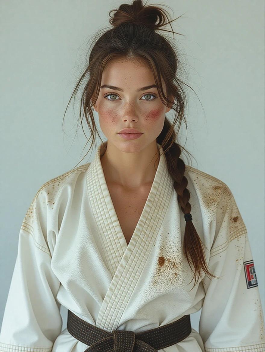 Athletic woman in an extremely worn out karate gi. Partly ripped karate uniform. Smudges on her face. Untidy hair. Sweat evident. Light bruises on the face. Full image showing from head to toe.