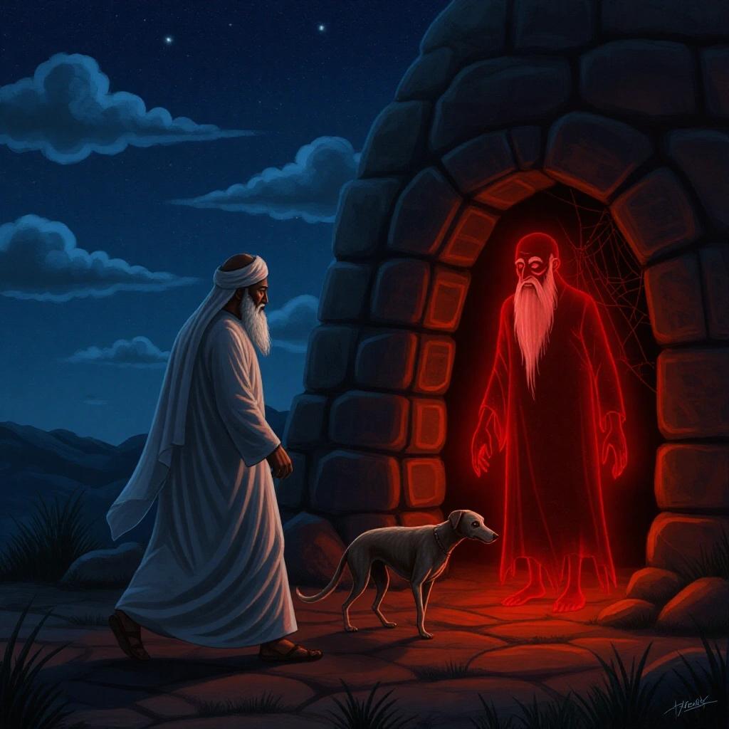 Digital painting of a figure walking toward a cave at night. The figure has a glowing face and is accompanied by a dog. A ghostly figure rises from the dog's body. The cave entrance has cobwebs. The sky has clouds and stars.