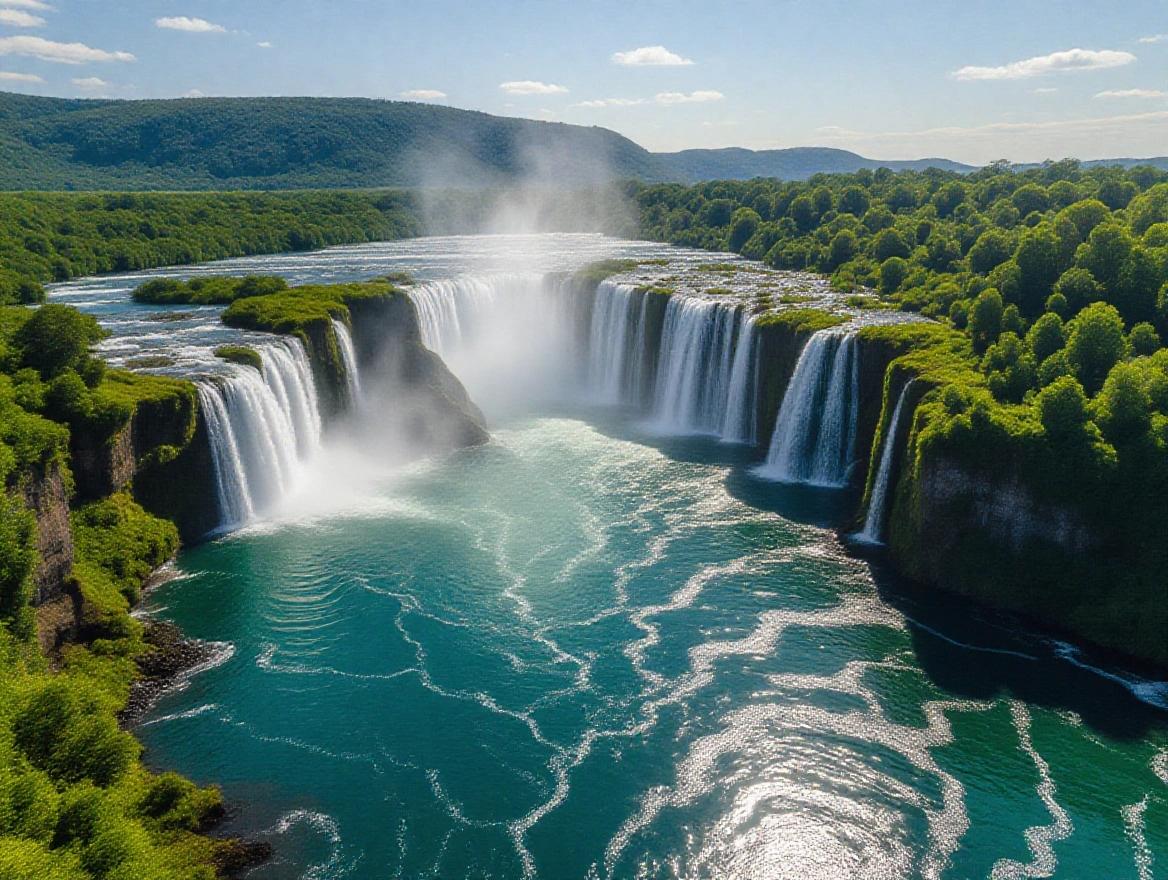 A powerful waterfall cascades down cliffs into a serene lake. Lush green landscape surrounds the water. The lake reflects a clear blue sky. Sunlight creates a sparkling effect on the water and mist rises from the waterfall.