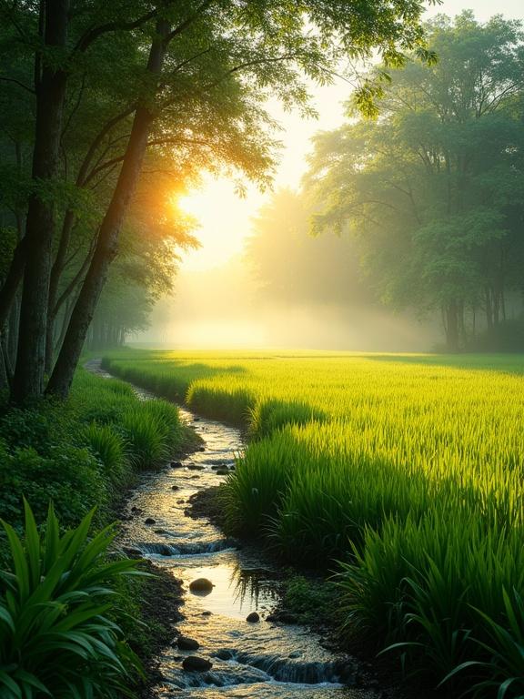 Tranquil village morning with bamboo paths. Lush rice fields with gentle stream. Sun rises through trees. Peace and serenity present.