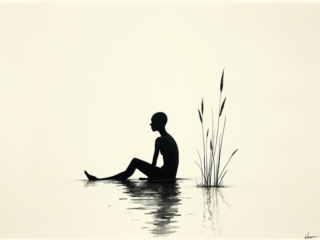 Minimalist bald human silhouette with black fill color. Thin tall teen sitting with legs inside a lake. Monochrome minimalist sketch with delicate ink lines on textured paper. Serene mood inspired by traditional Asian brushwork.