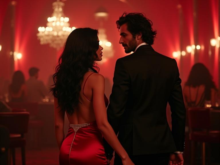 A Latina-Mediterranean woman with long wavy black hair wears a vibrant red satin backless dress with a thigh-high slit. She captivates the room in a posh nightclub, where a rugged man in a black suit observes her. Elegant red lighting creates a sultry ambiance with soft haze and chandeliers in the background.