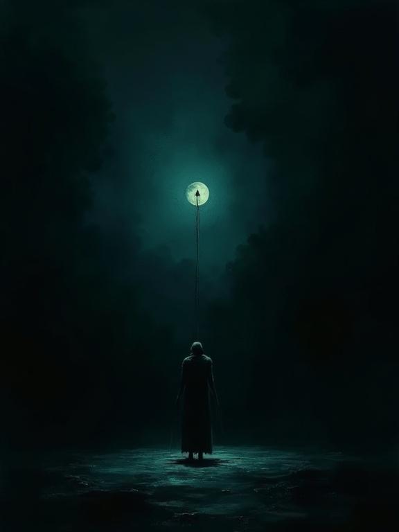 A digital oil painting with harsh strokes. The background is black with absurd and unfinished elements. The color scheme is dark teal and flat. A unique silhouette design emerges from the void, reaching towards a moon-like light. The style is minimalist and thought-provoking.